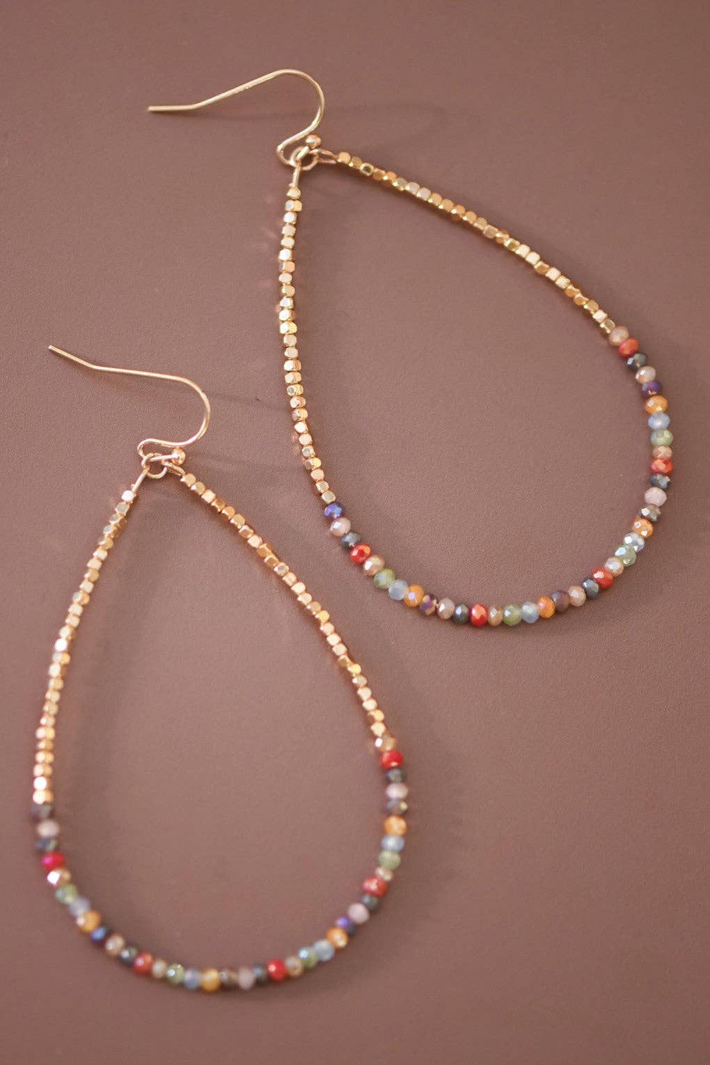 Gold Beaded Hollow Drop Earrings with Glass Beads - 6114