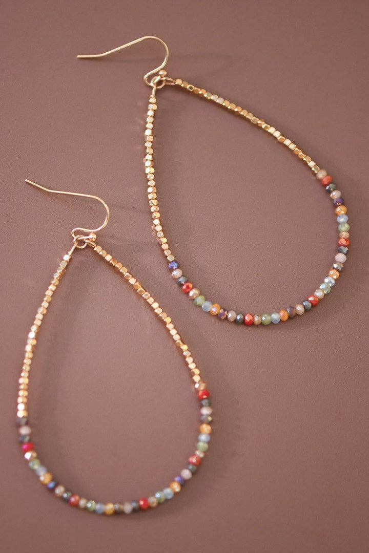 Gold Beaded Hollow Drop Earrings with Glass Beads - 6114