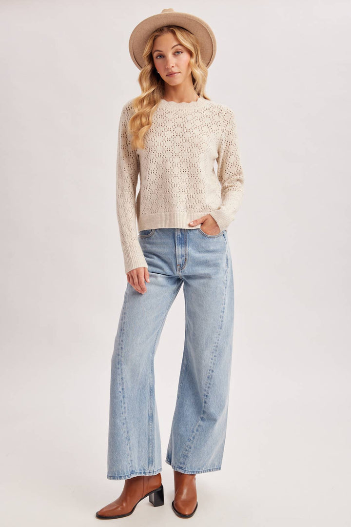 POINTELLE EYELET OPEN KNIT SCALLOPED NECK PULLOVER TOP