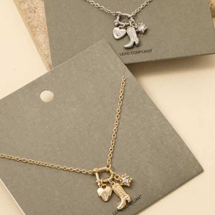 Western Cowboy Boot And Heart Charms Chain Necklace
