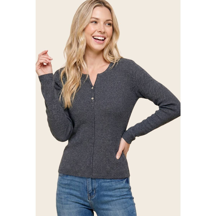 HENLEY BUTTON NECK RIBBED SWEATER