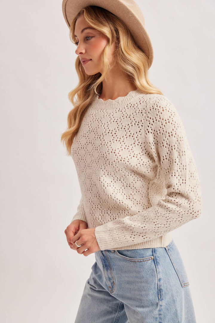 POINTELLE EYELET OPEN KNIT SCALLOPED NECK PULLOVER TOP