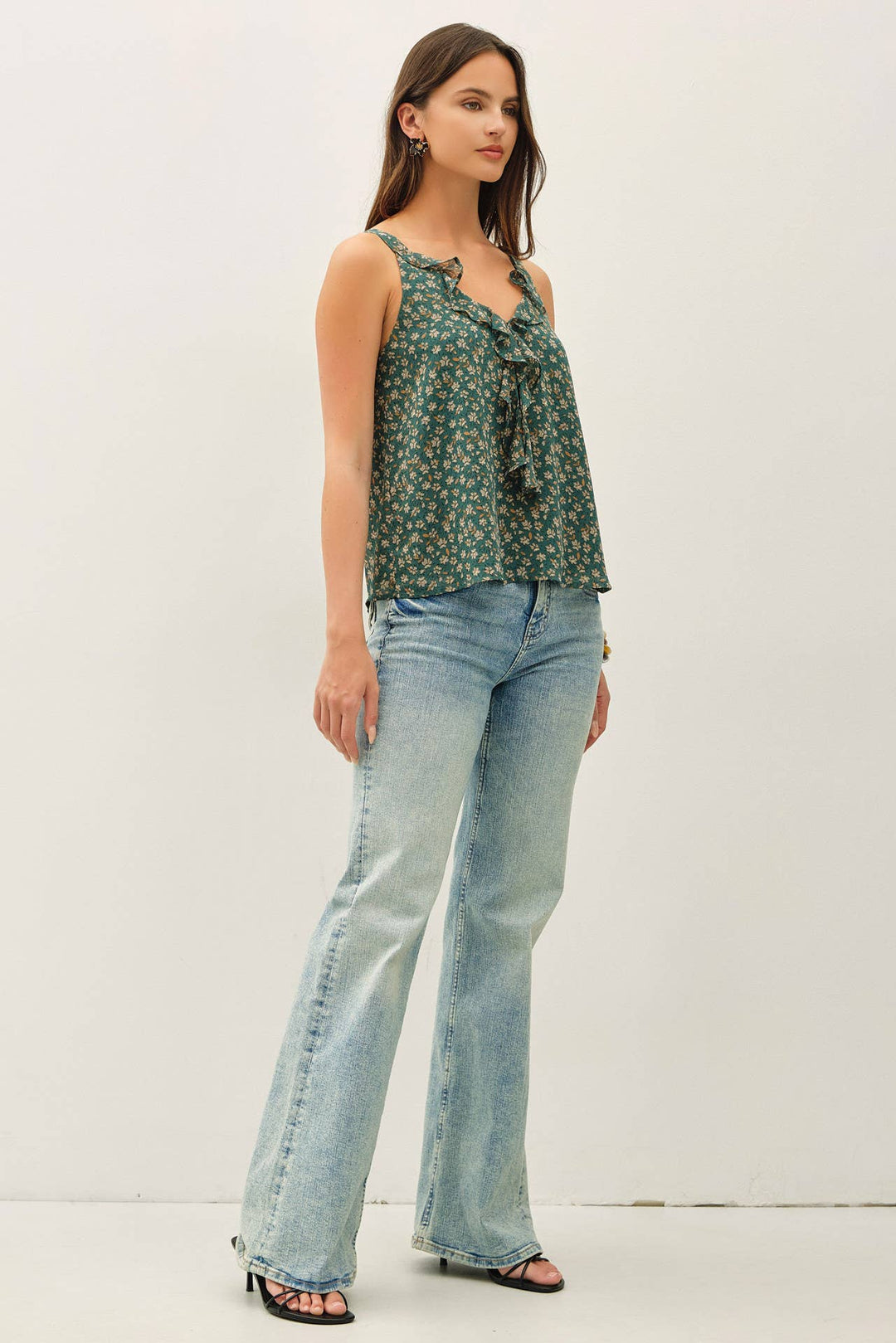 FLORAL PRINT CHIFFON RUFFLE TANK TOP