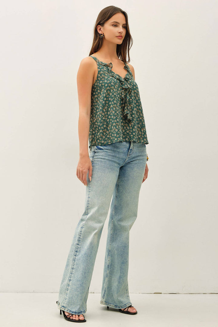 FLORAL PRINT CHIFFON RUFFLE TANK TOP