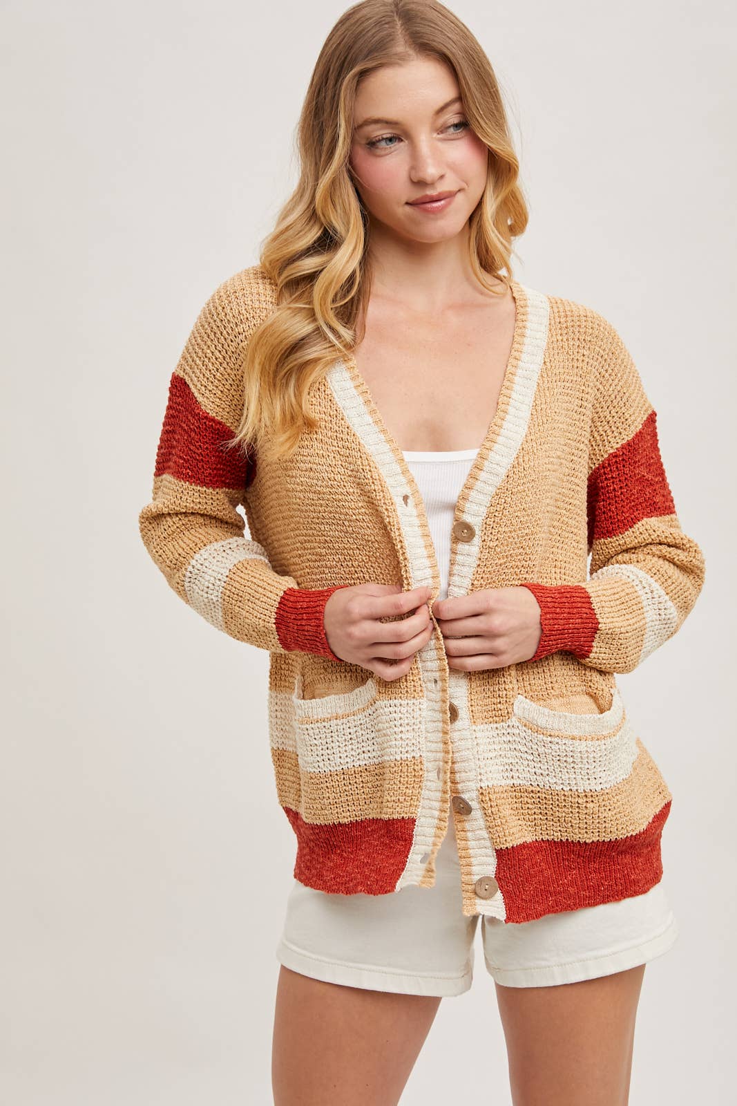 COLOR BLOCK BUTTON DOWN CARDIGAN
