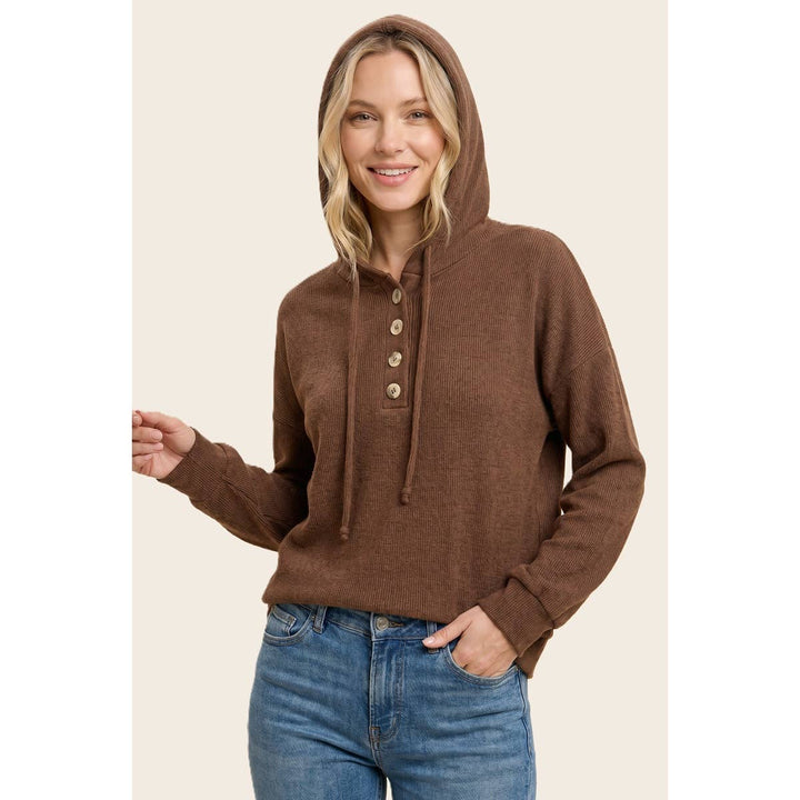 Brushed Rib Half Button Hoodie Top
