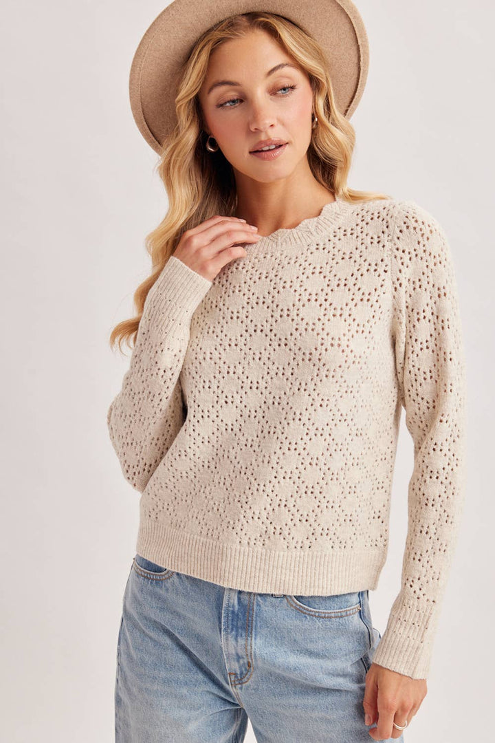 POINTELLE EYELET OPEN KNIT SCALLOPED NECK PULLOVER TOP