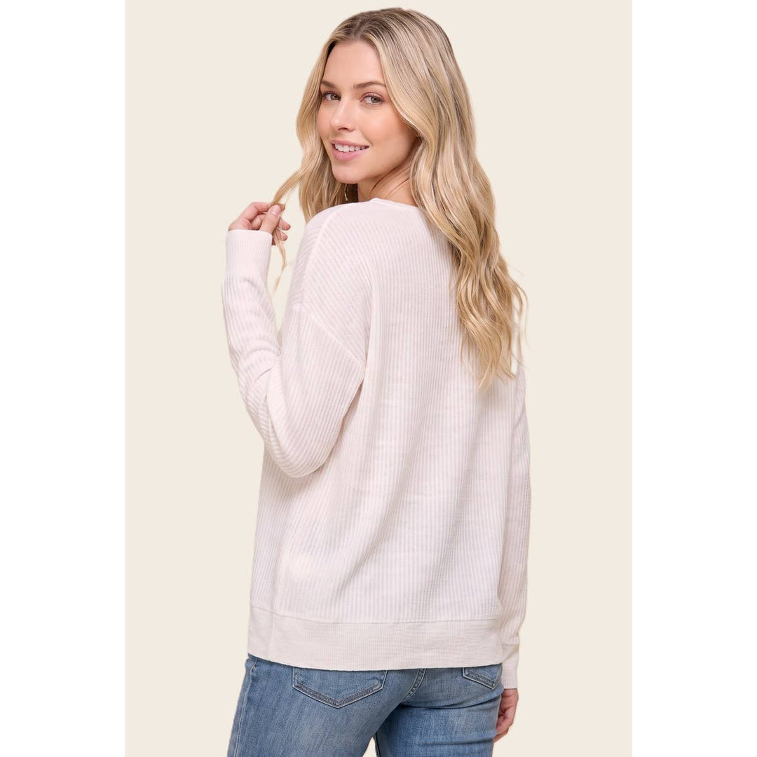 SPLT NECK MINI WAFFLE SWEATER