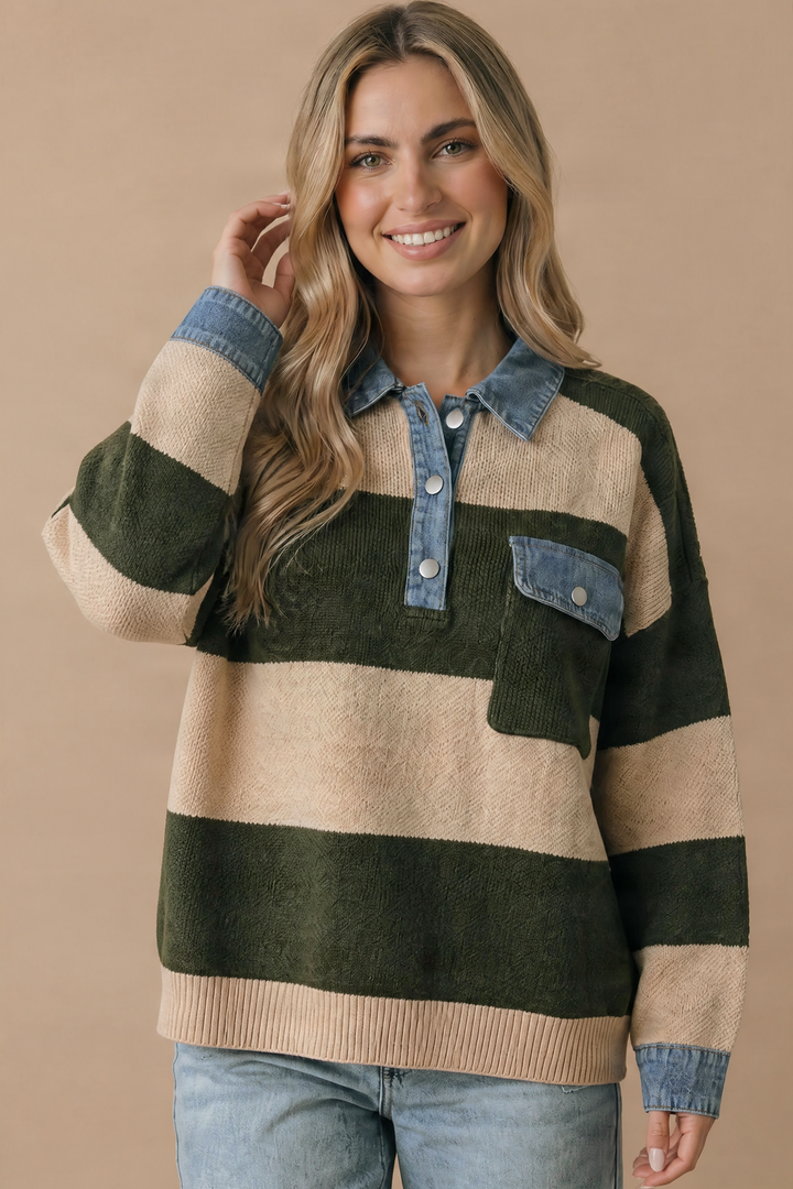 Striped Denim Collar Sweater Knit Top