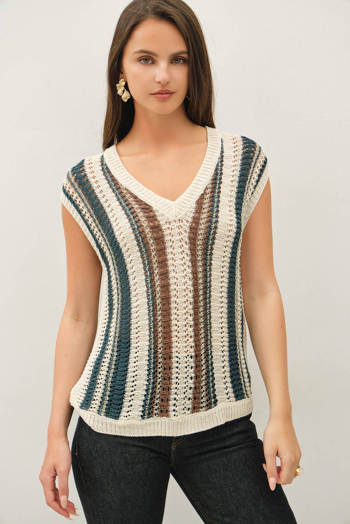 MIXED METALLIC YARN STRIPED HAND CRAFT CROCHET KNIT VEST