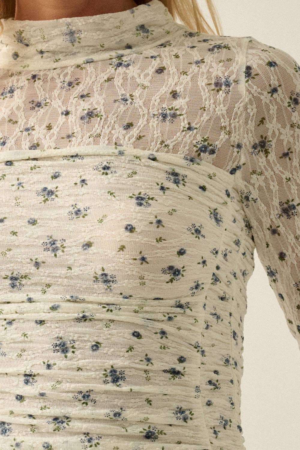 Floral-Print Lace Layered Ruched Mock-Neck Bodysuit