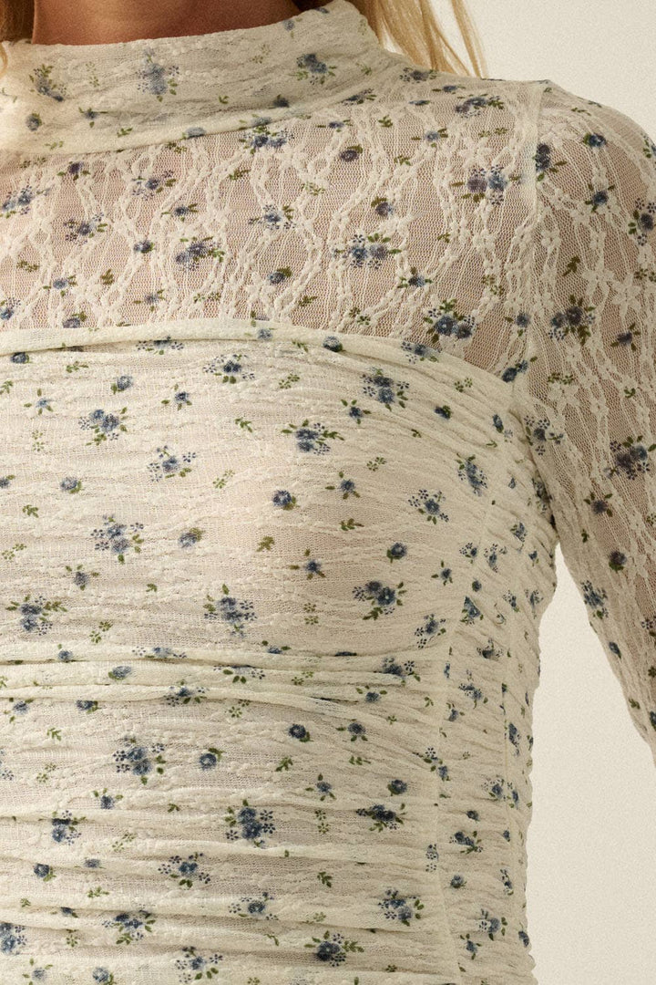 Floral-Print Lace Layered Ruched Mock-Neck Bodysuit
