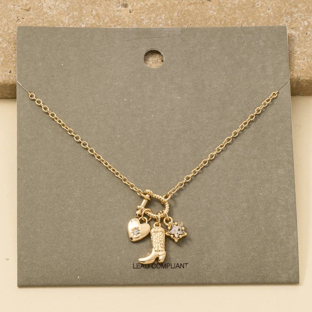 Western Cowboy Boot And Heart Charms Chain Necklace