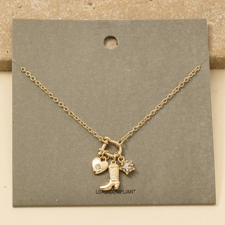 Western Cowboy Boot And Heart Charms Chain Necklace