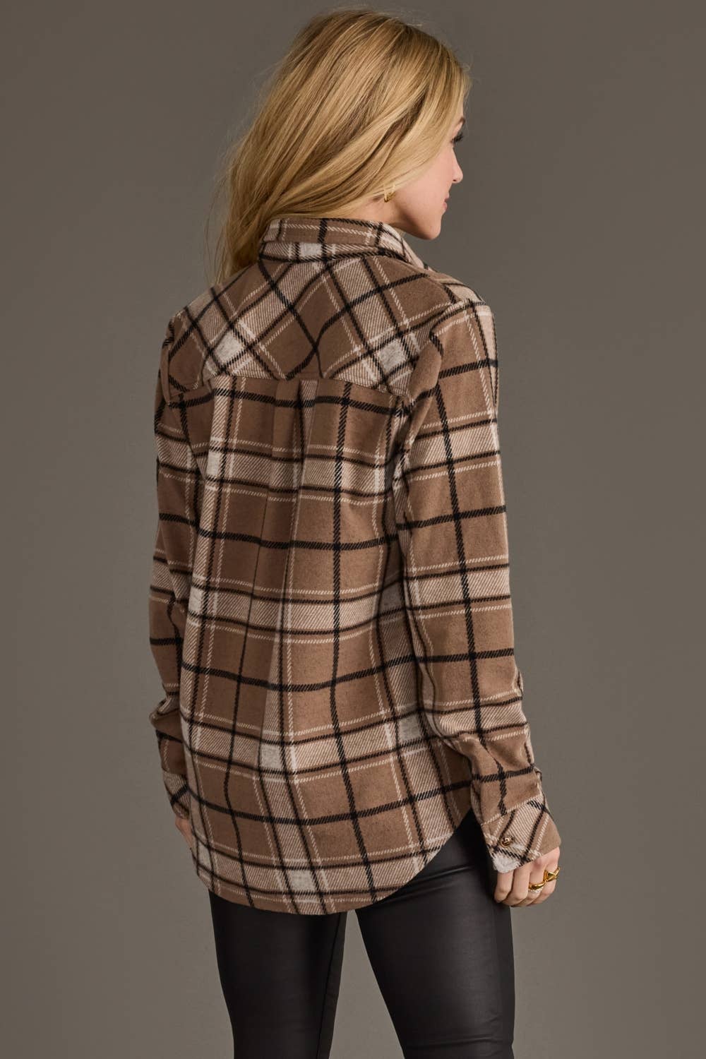 Tan, White & Black Plaid Button Up