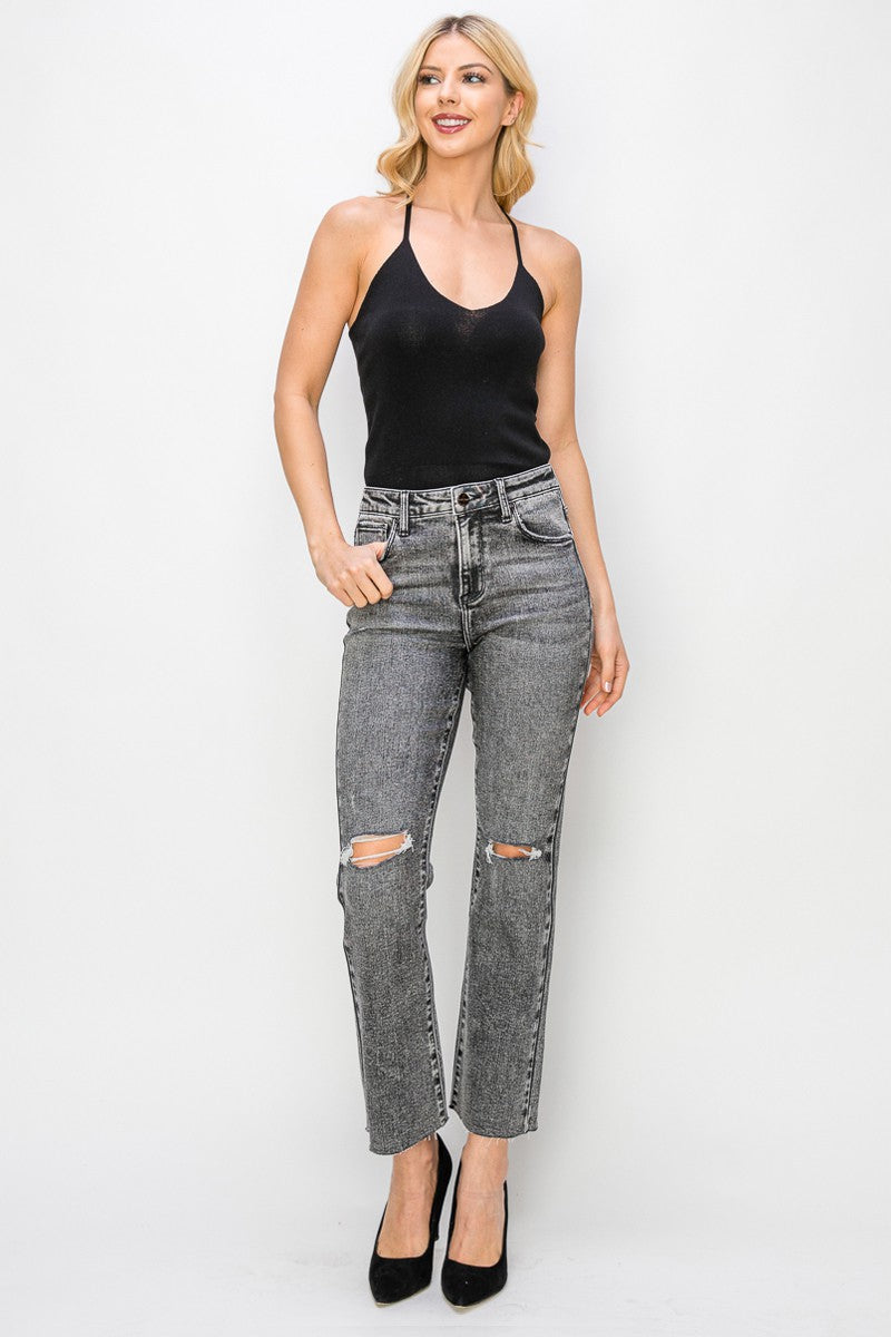 Acid Black Ankle Straight Jeans