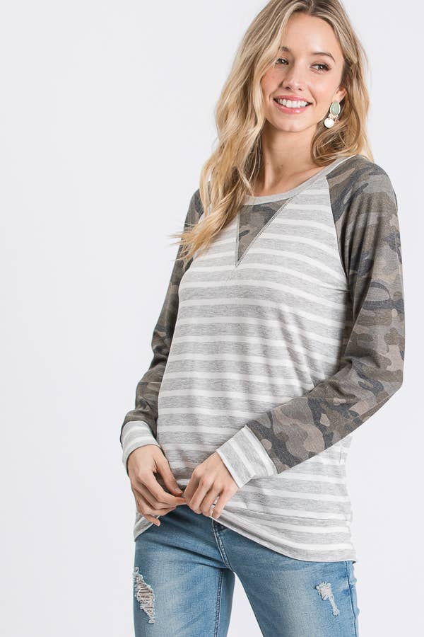 Striped Camo Print Raglan Top