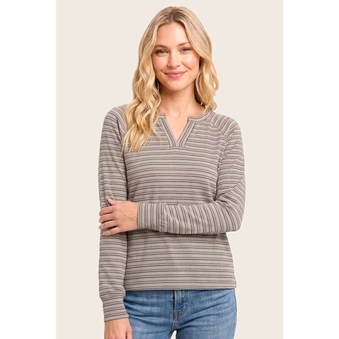 Split Neck Micro Brushed Stripe Top