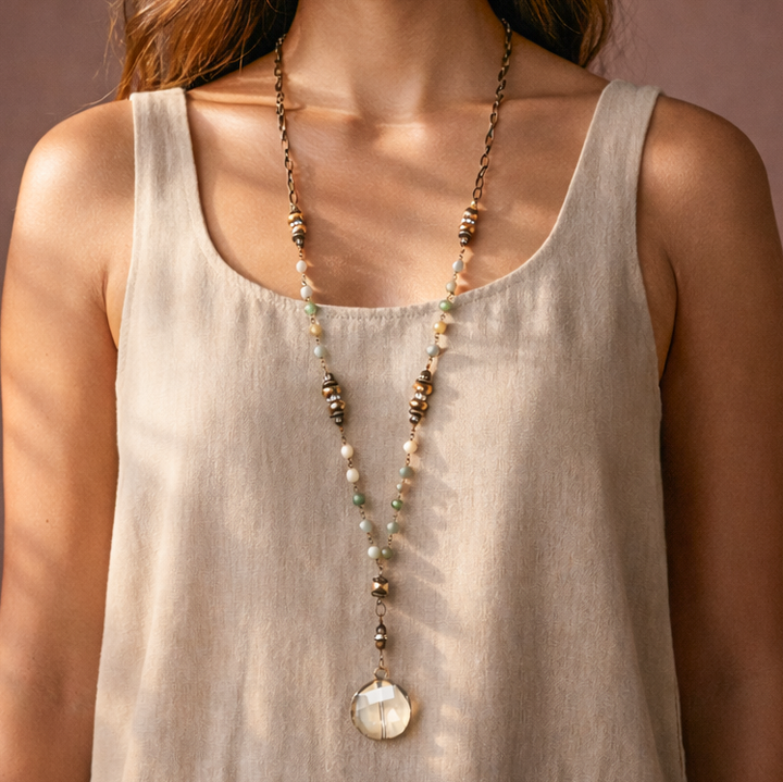 Natural Stone Bead Chain Link Necklace, Glass Crystal Pendant - 6518