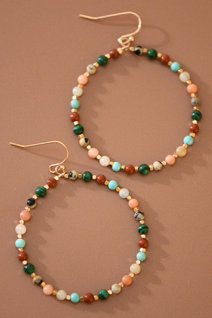 Natural Stone Beaded Circle Drop Earrings - 6116