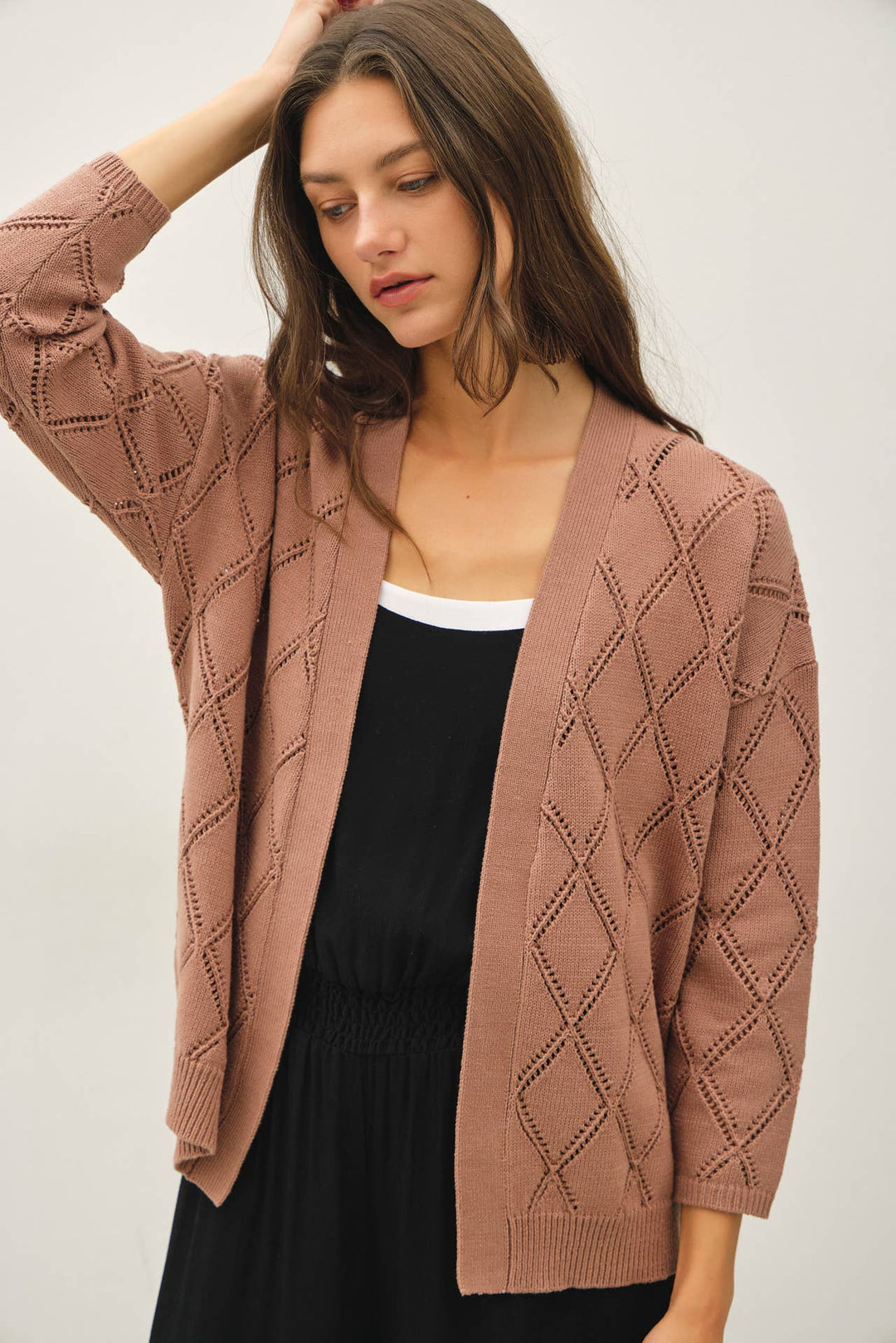 POINTELLE KNIT OPEN FRONT CARDIGAN