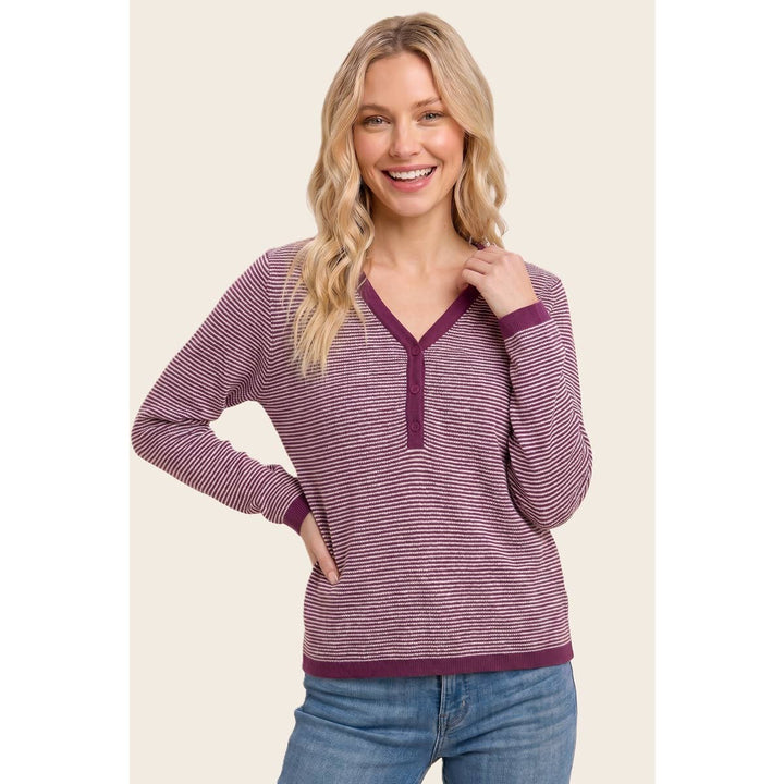 V NENLEY NECK MINI WAFFLE STRIPED TOP