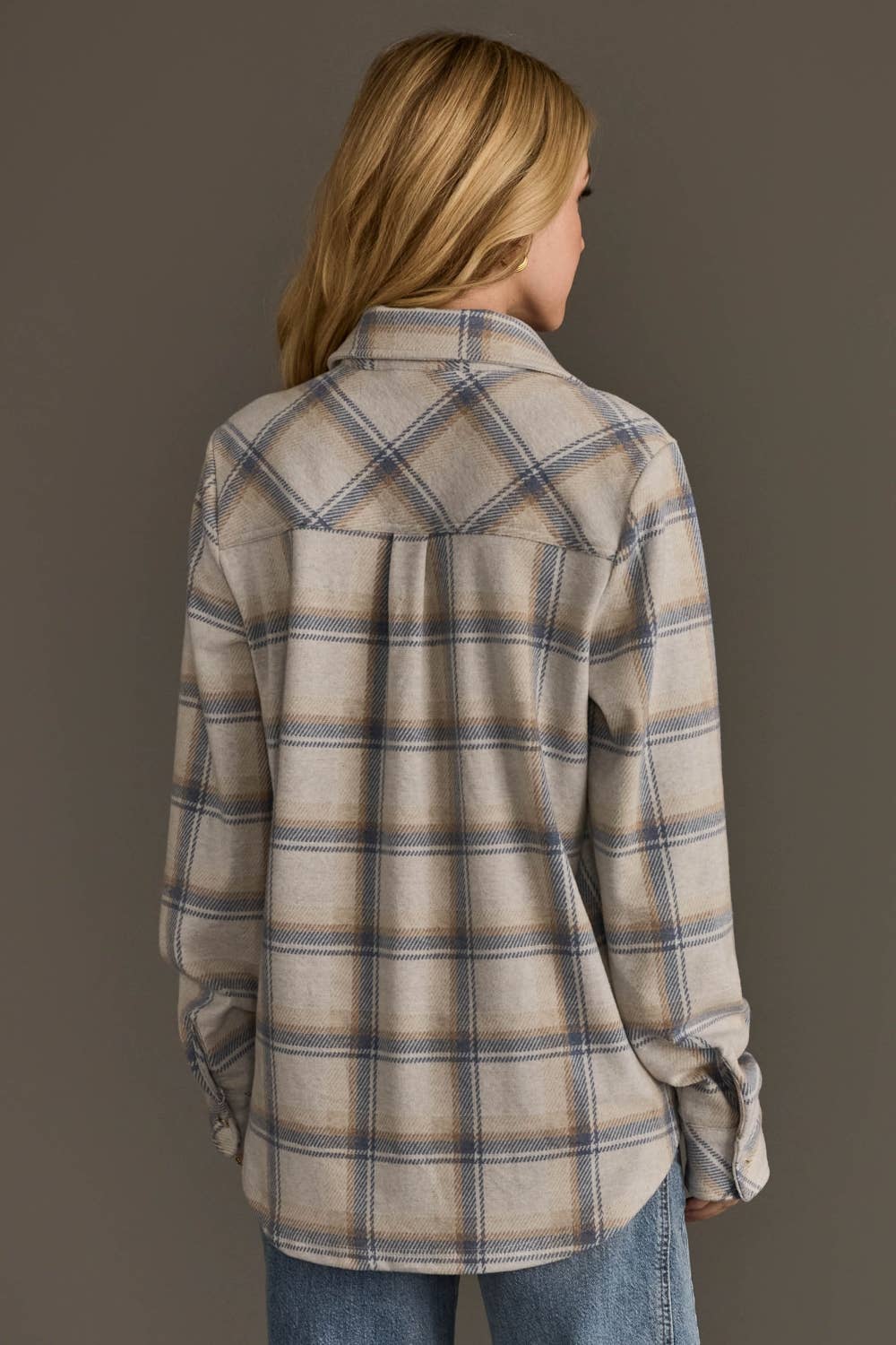 Cream, Dusty Blue & Tan Plaid Button Up