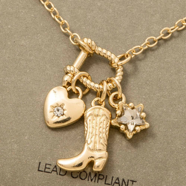 Western Cowboy Boot And Heart Charms Chain Necklace