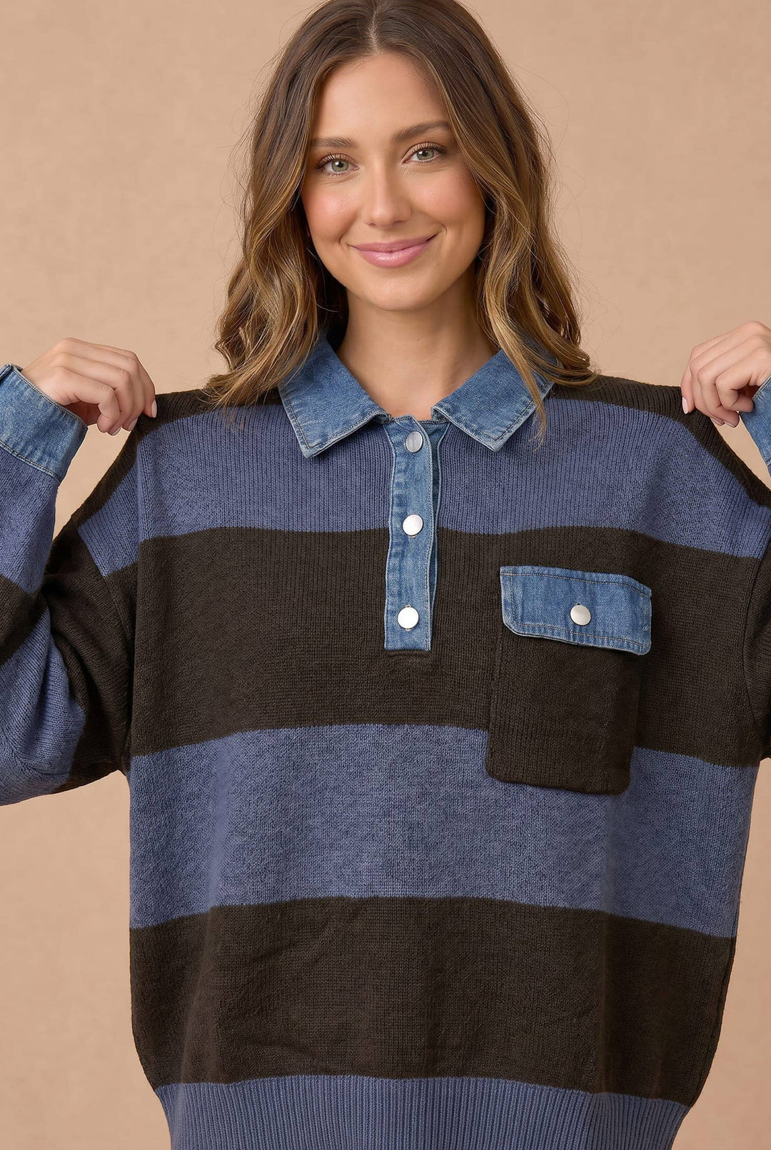 Striped Denim Collar Sweater Knit Top