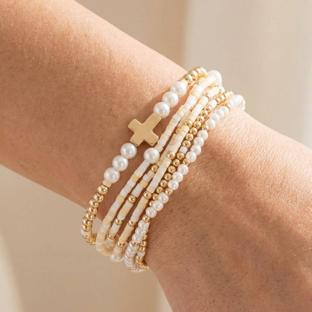 Cross Charm Mixed Beaded Bracelets Set
