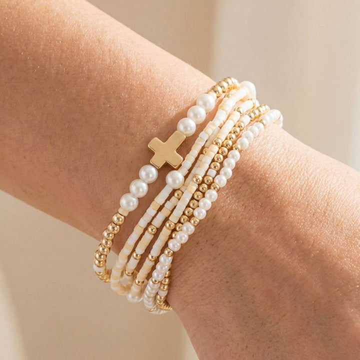 Cross Charm Mixed Beaded Bracelets Set