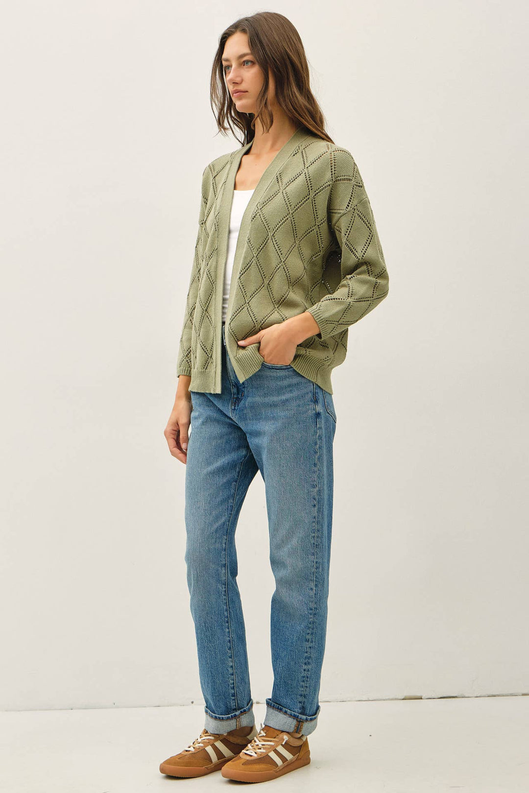 POINTELLE KNIT OPEN FRONT CARDIGAN