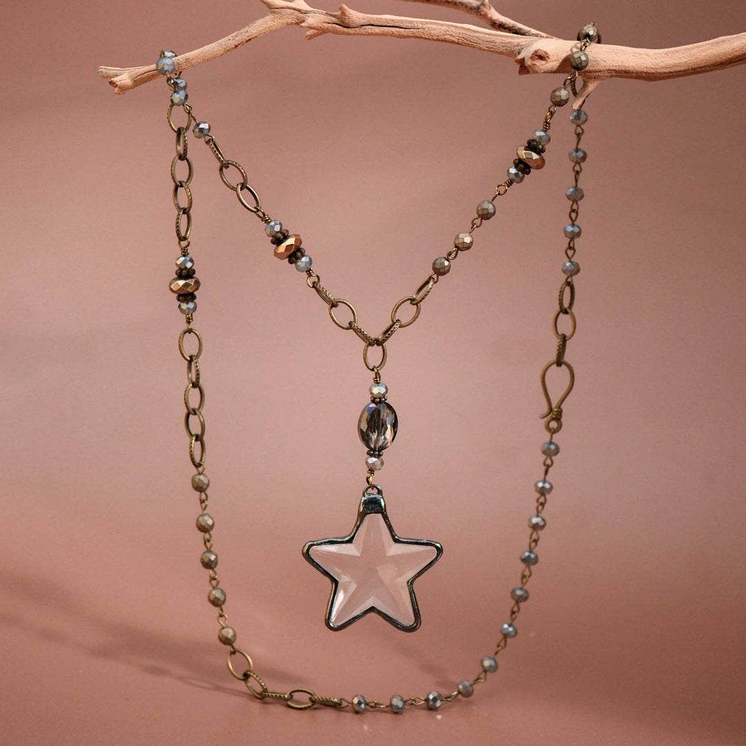 Boho Long Beaded Chain Link Necklace, Glass Crystal Star Pendant - 6299
