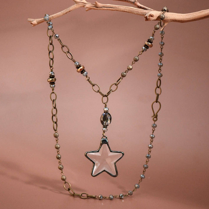 Boho Long Beaded Chain Link Necklace, Glass Crystal Star Pendant - 6299