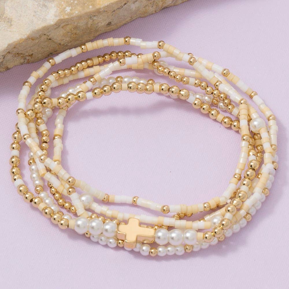 Cross Charm Mixed Beaded Bracelets Set