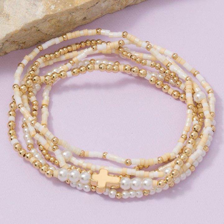 Cross Charm Mixed Beaded Bracelets Set