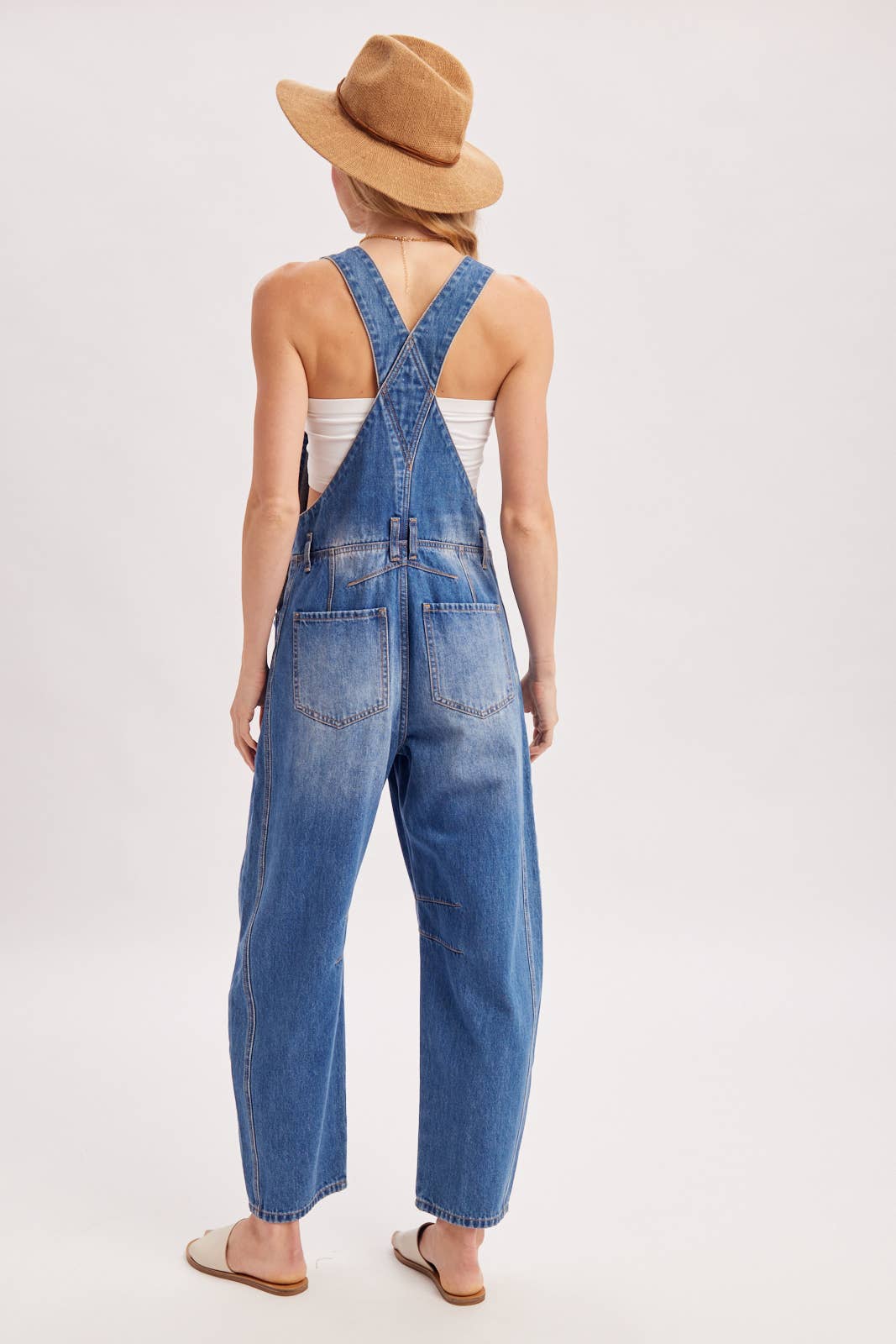 DENIM BARREL OVERALLS: DK.WASH / S