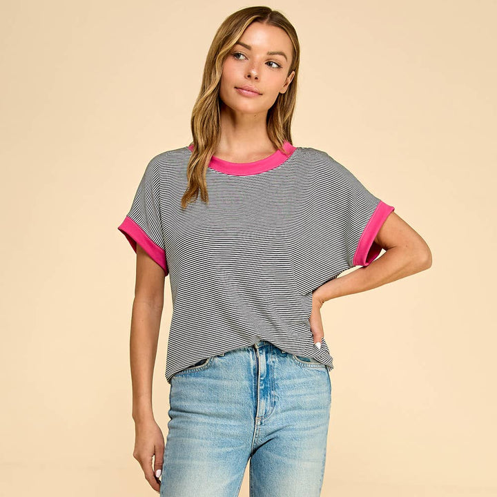 Classic striped tee with contrast trim casual comfort