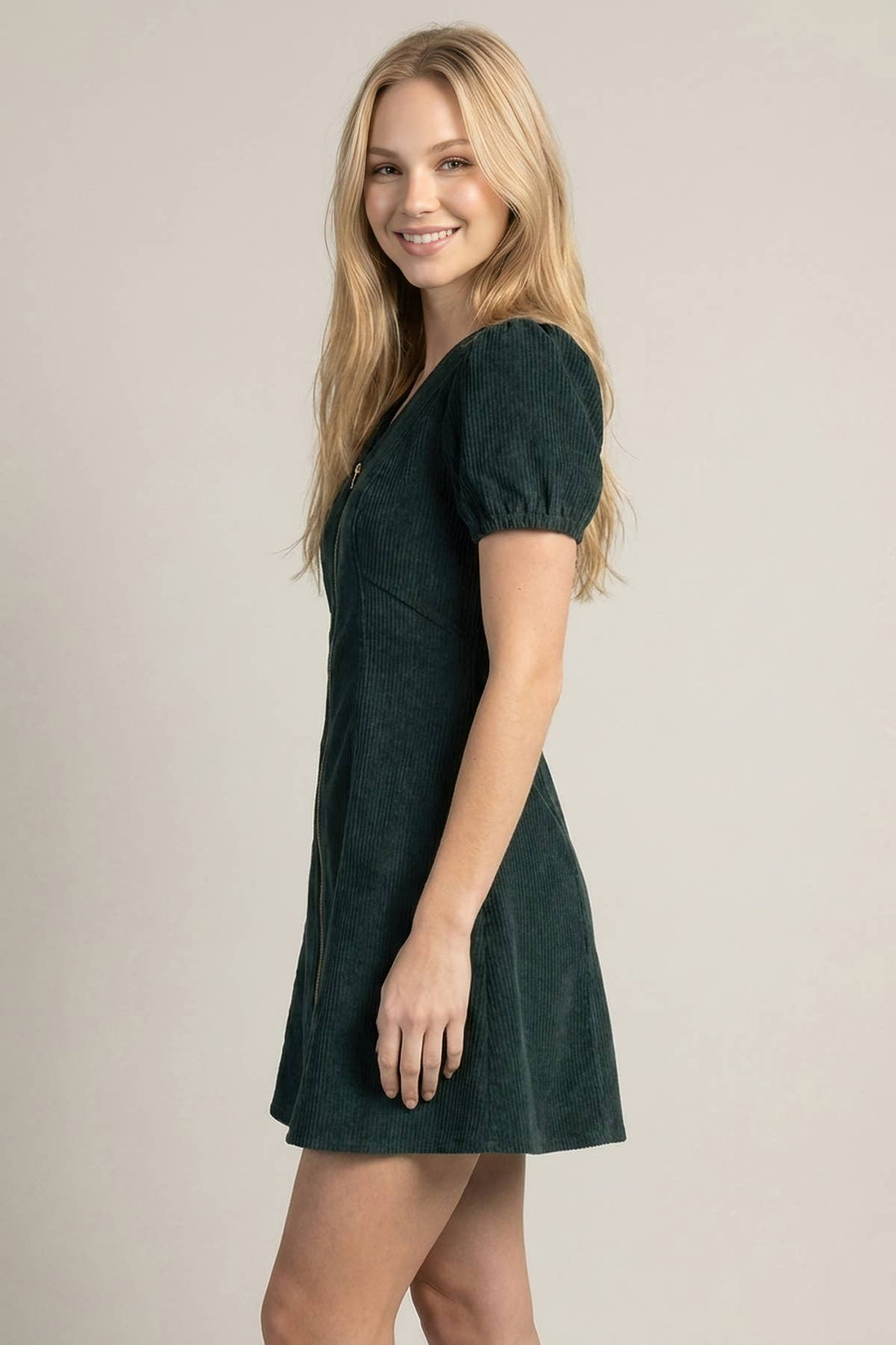 CORDUROY PUFF SLEEVE V-NECK FRONT ZIP-UP MINI DRESS - 28460D