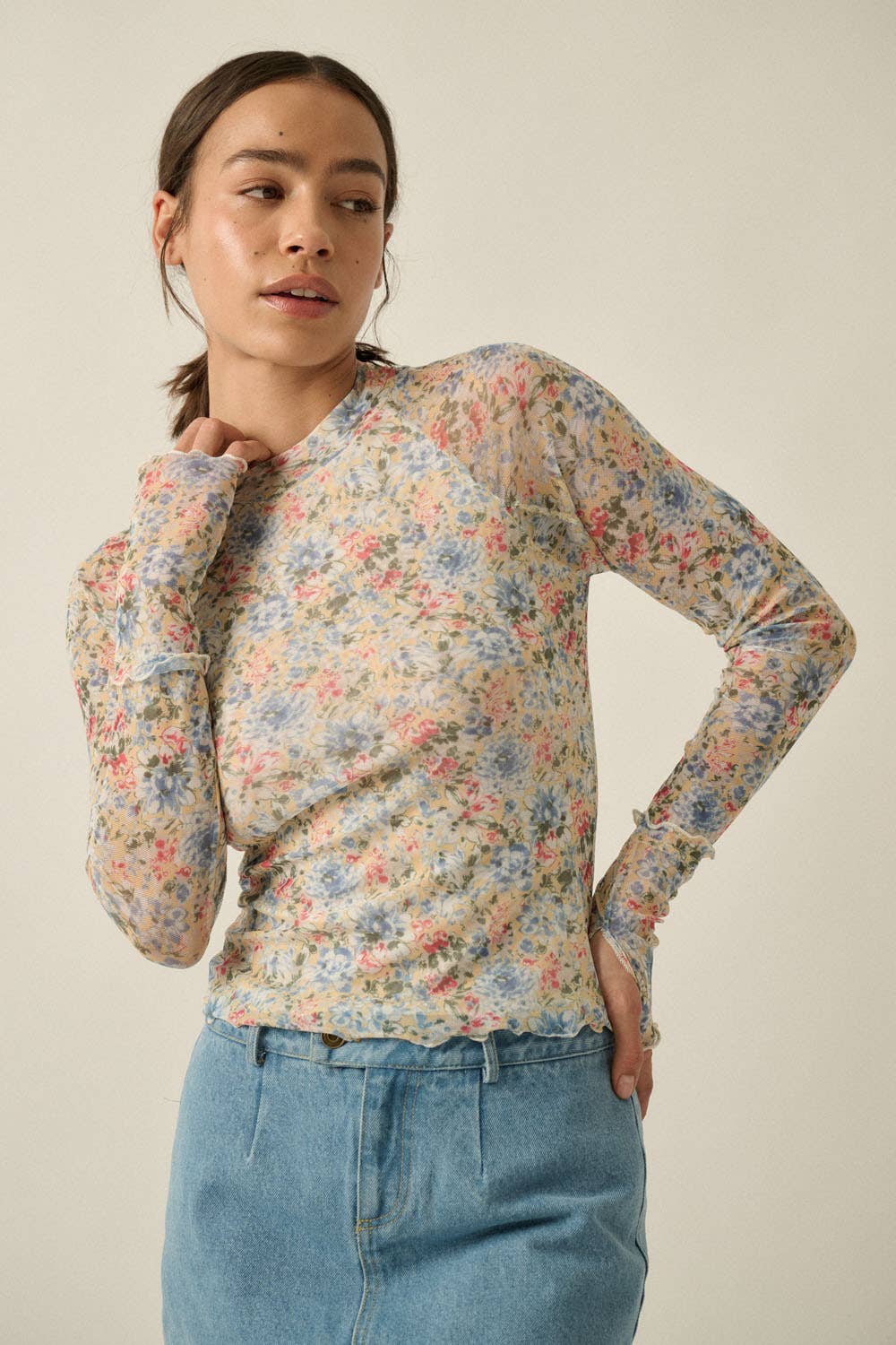 Floral-Print Mesh Mock-Neck Cropped Long-Sleeve Top