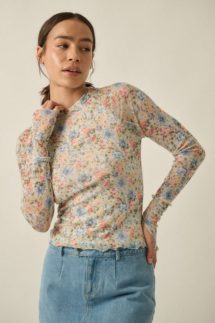 Floral-Print Mesh Mock-Neck Cropped Long-Sleeve Top