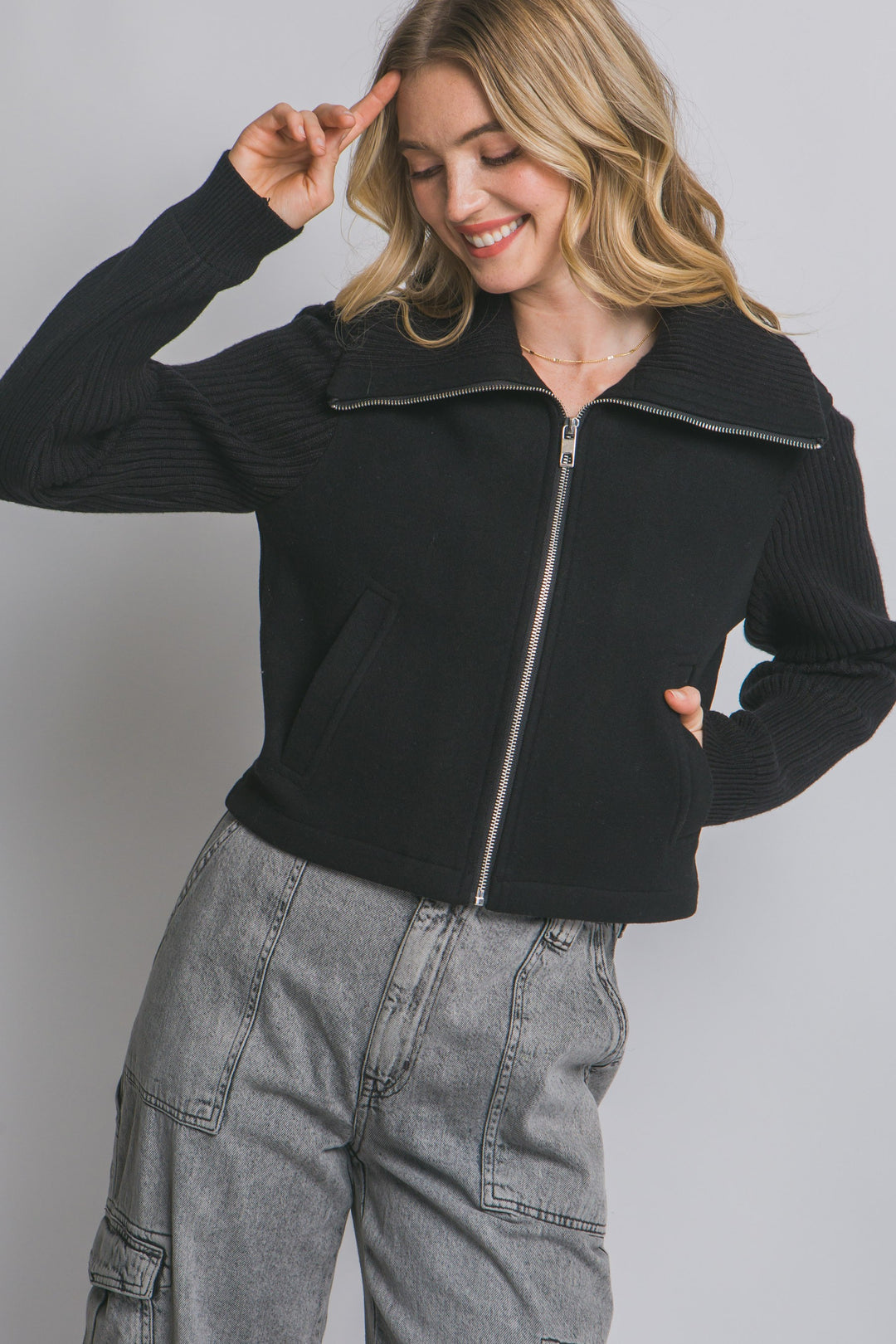 Knit Contrast Long Sleeve Jacket