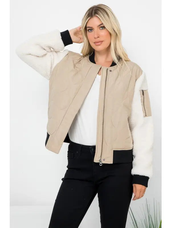 Bomber Jacket With Sherpa Sleeves