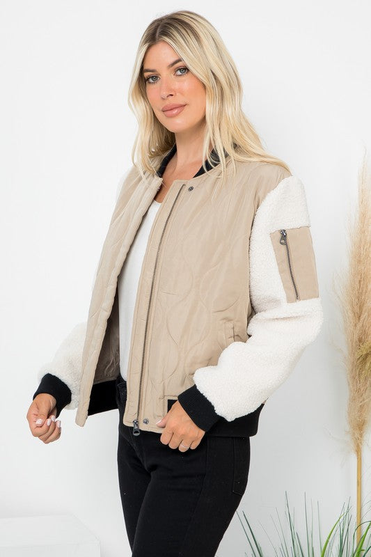 Bomber Jacket With Sherpa Sleeves