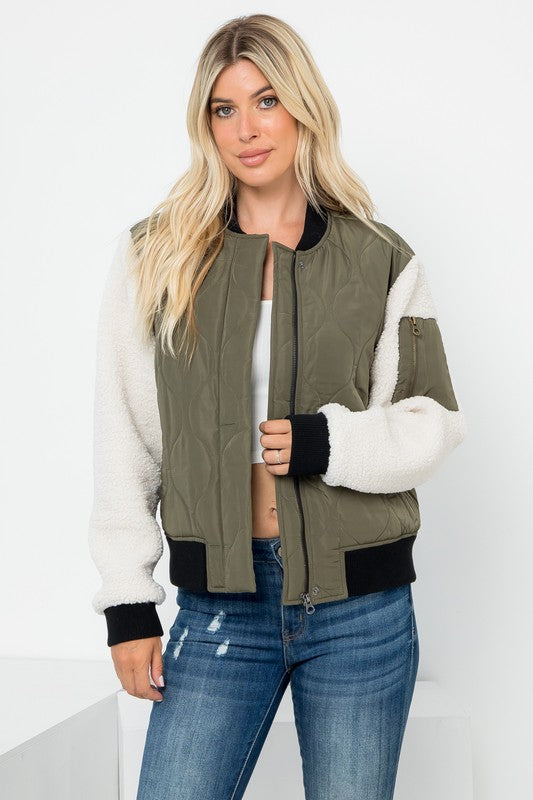 Bomber Jacket With Sherpa Sleeves