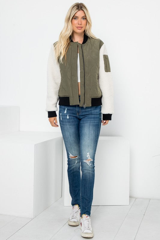 Bomber Jacket With Sherpa Sleeves