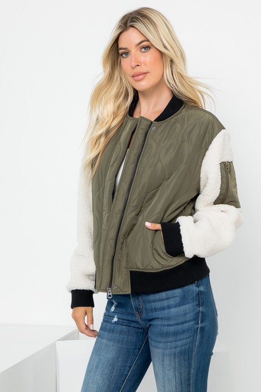 Bomber Jacket With Sherpa Sleeves