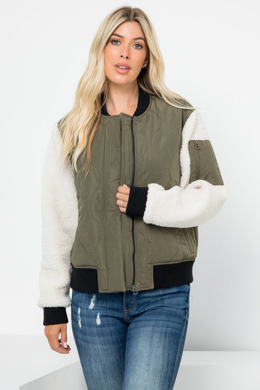 Bomber Jacket With Sherpa Sleeves