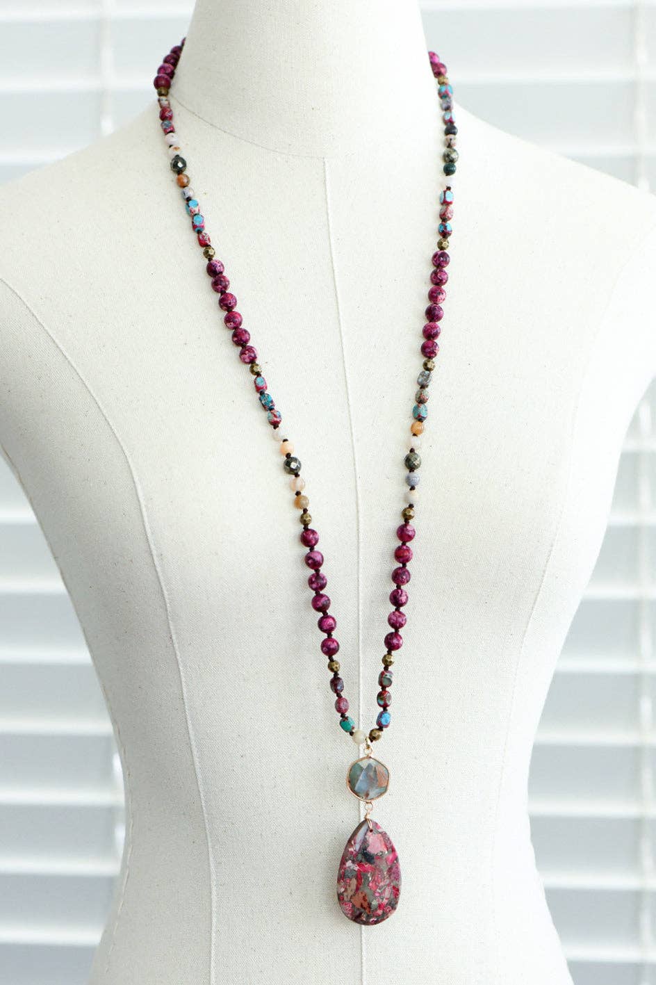 Stone Beaded Long Necklace, Large Stone Pendant - 7264