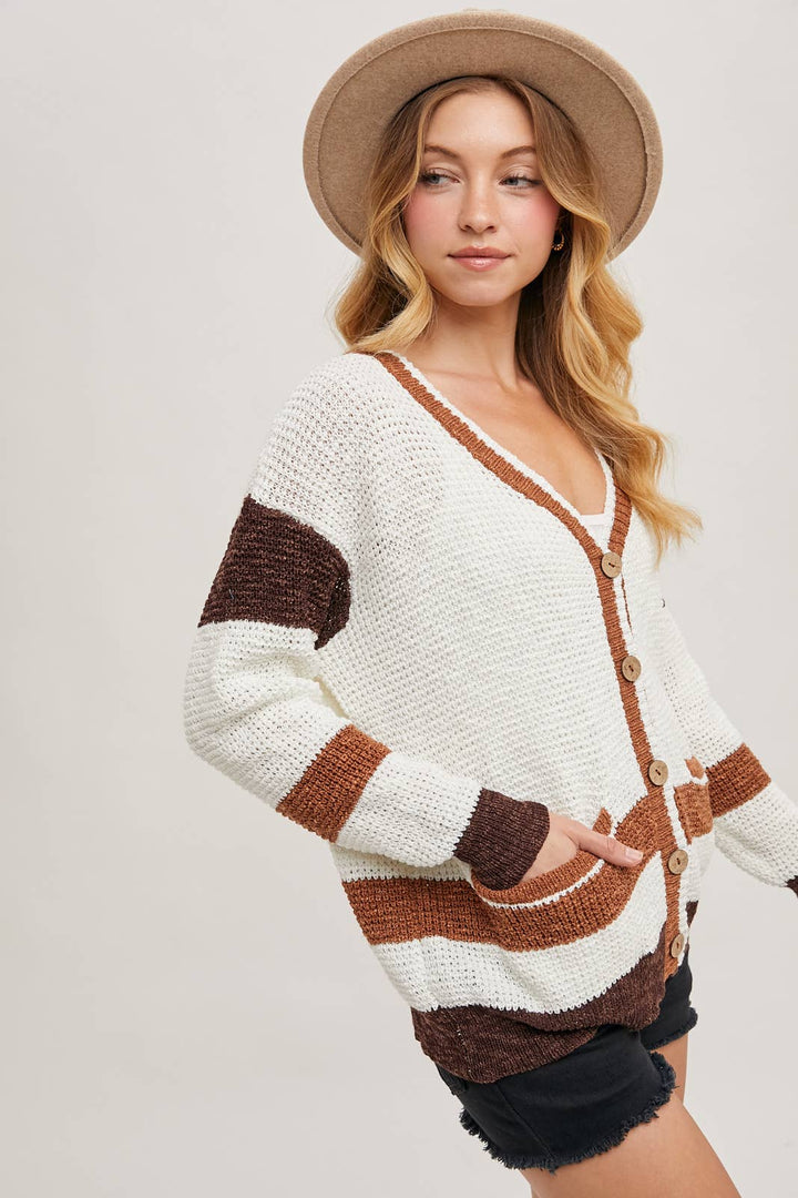 COLOR BLOCK BUTTON DOWN CARDIGAN